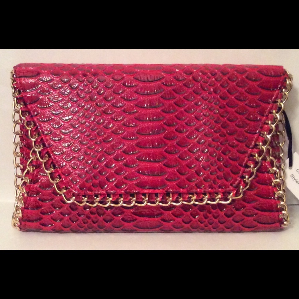 Red faux snakeskin clutch